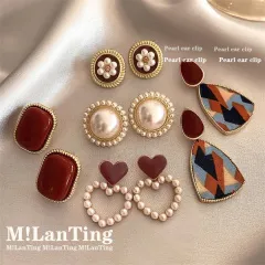 Vintage Hong Kong-style red drop-shaped heart pearl stud earrings for women